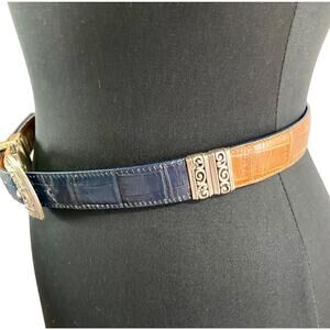 Black & Brown Reversible Crocodile Pattern Belt w/ Silvertone Hardware EUC